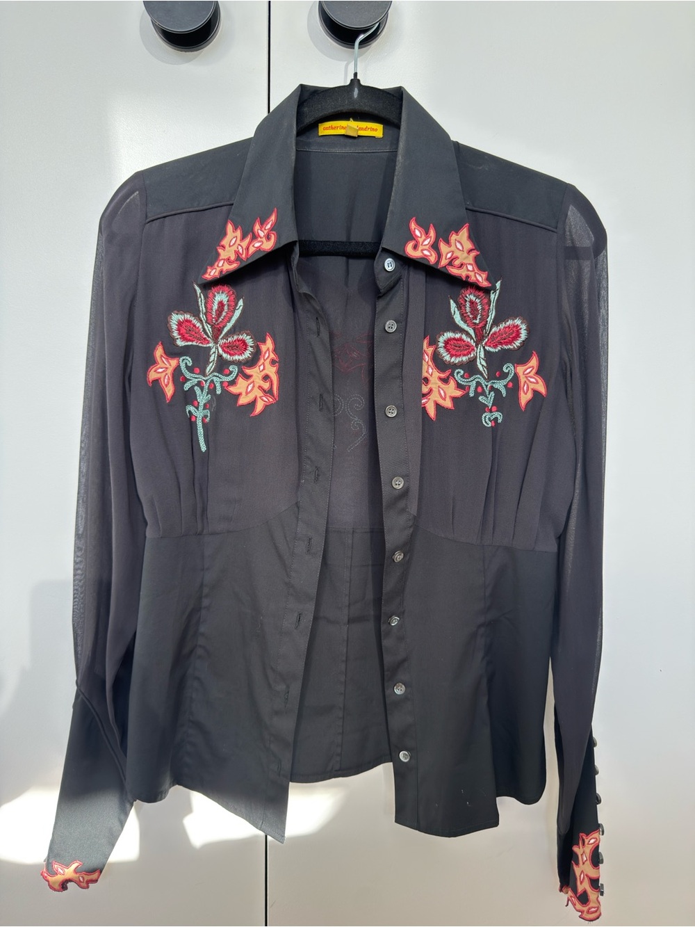 Catherine Malandrino Black Embroidered Sheer Button Down Blouse Size M